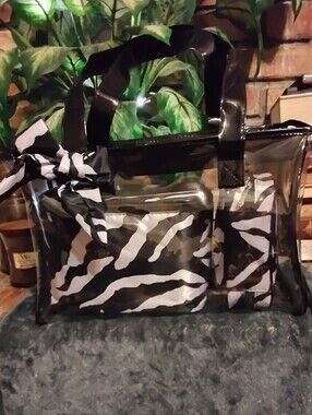 Modella 3 Piece Clear Black Zebra Tote Bag with 2  Removable Pouches Nwt